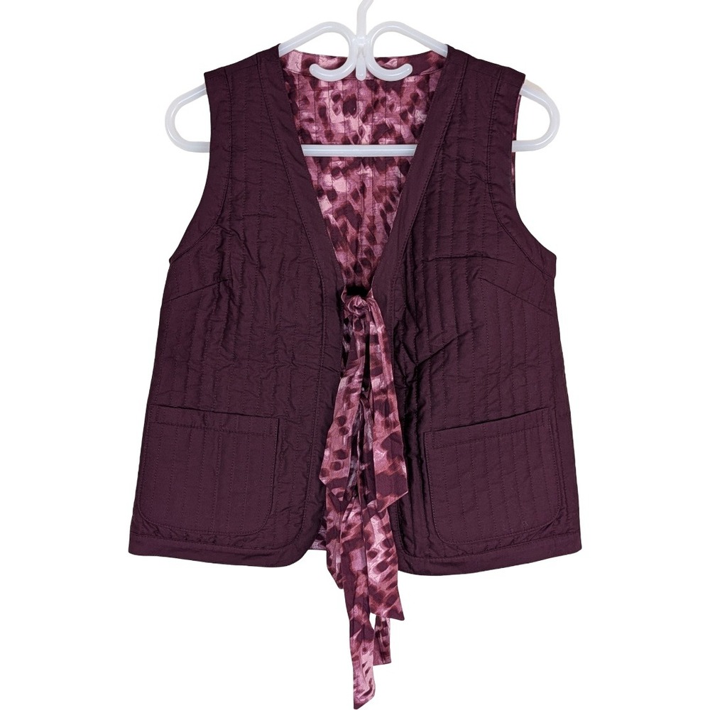 LOGO by Lori Goldstein Quilted Reversible Tie Front Vest Women XXS Crushed Berry